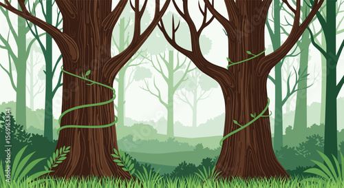 Two ancient towering trees with vines entwined reaching towards the sky in a mystical forest landscape with soft green misty background
