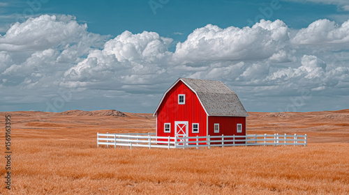Vintage farm, Rustic red barn in open fields, high fidelity image for stock use.