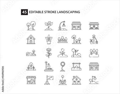 set of 45 outline icons that pertain to landscaping. The icons are linear and have editable strokes. Vector illustration.