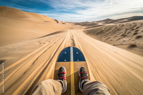 Fototapeta Naklejka Na Ścianę i Meble -  First-person POV of a sandboarder looking down at board