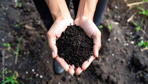 Close up farmer holding soil in hands agricultural field photography outdoor environment ground level perspective soil health and sustainability