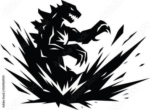 A stylized black silhouette of a monstrous creature erupting with force.