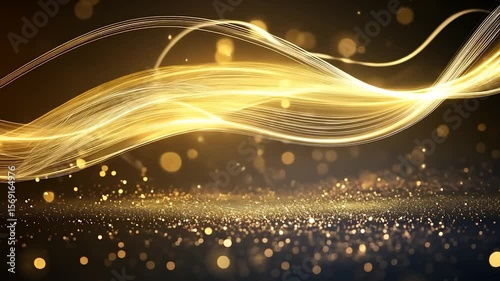 Abstract gold glowing lines and glitter on black background