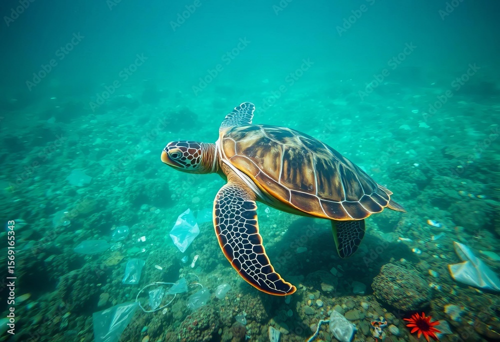 Fototapeta premium Plastic debris polluting ocean water, sea turtle entangled, plastic island, garbage