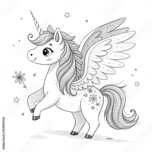 Cute Adorable Unicorn Pegasus Colouring Page – Cute Fantasy Line Art for Kids