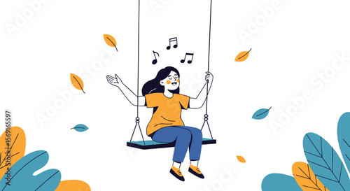 A young girl enjoying a carefree swing ride with musical notes in the air surrounded by autumn leaves and abstract plants