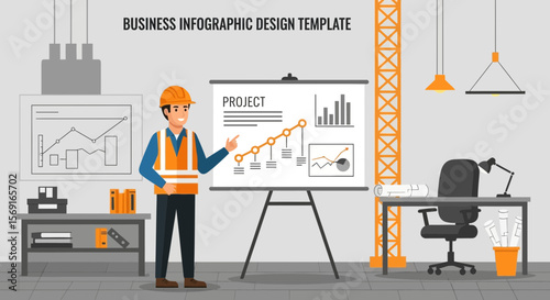 Construction Project Presentation With Charts And Engineer Character Design