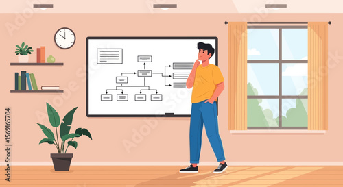 Young Man Contemplates Diagram Structure Boardroom Process Thinking Development