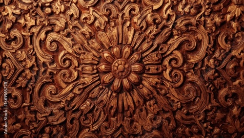 Texture of brown wood carving floral pattern ornate vintage decoration