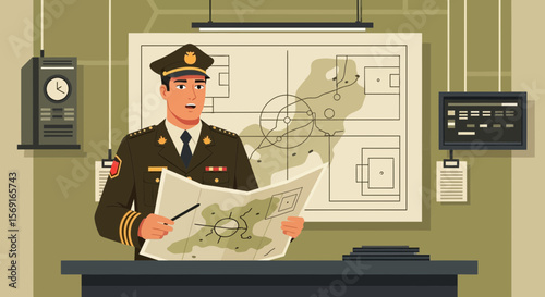 Military Strategy Briefing Officer Examining Map and Planning Campaign