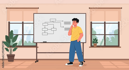 Young Man Contemplating a Complex Flowchart Presentation On a Whiteboard