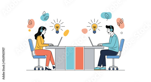Two people working on laptops with ideas symbolized by lightbulbs above their heads indicating brainstorming and collaboration