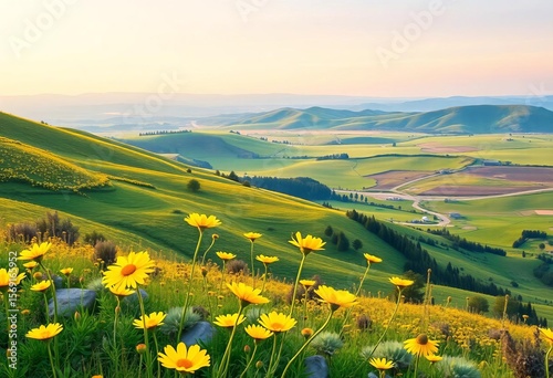 Wallpaper Mural Soft watercolor yellow cosmos, panoramic landscape background,  painting,  texture Torontodigital.ca