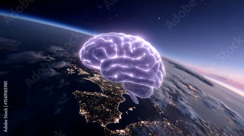 Glowing brain above earth capturing human imagination and cosmic connection