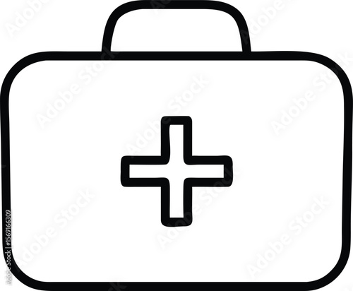 Simple black outline of a medical first aid kit with a red cross symbol