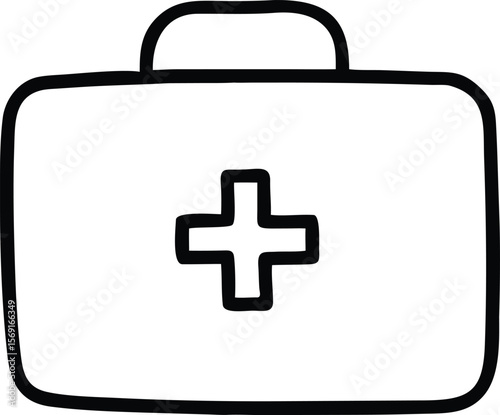 Simple black outline of a medical first aid kit with a cross symbol