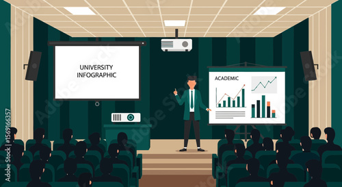 Business Presentation In Auditorium About University Infographic And Academic Data