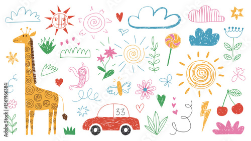 Cute Hand-Drawn Doodle Vector Set for Kids – Includes Sun, Dinosaur, Flower, Car, Cloud, Ant, Arrow, Thunderbolt, Cherry – Perfect for Fabric, Stickers, Icons

