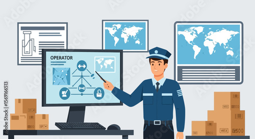 Security Officer Monitoring Global Logistics Network On Computer Screen