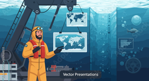 Deep Sea Exploration Team Inspecting World Maps During An Underwater Mission