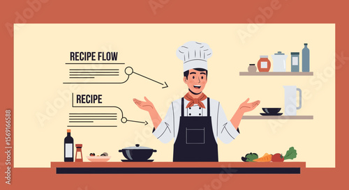 Cheerful Chef Explaining Recipe Flow In His Modern Kitchen Presentation