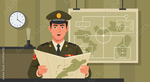 General Studying Battle Map Before Mission Military Strategy and Planning