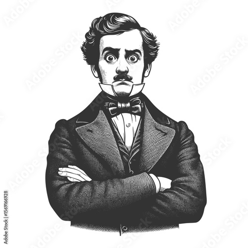 stern Victorian man with crossed arms and wide eyes, exuding dramatic tension sketch engraving generative ai fictional character vector illustration. Scratch board imitation. Black and white image.