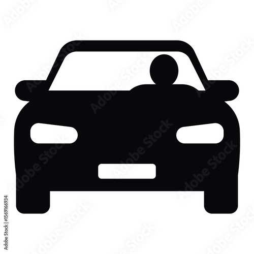 Simple front view car icon with driver figure, ideal for transport, driving apps, or automotive graphics, perfect for taxi, rideshare, or navigation designs.
