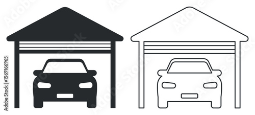 Simple car parked in garage icons, solid and outline style for real estate, parking, or automotive design, perfect for smart home, parking app, or vehicle storage graphics.