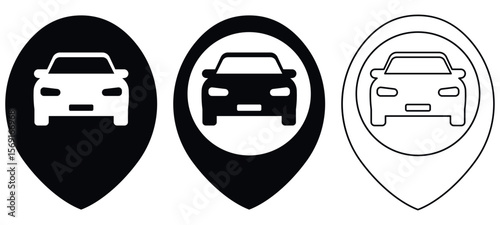 Set of car icons in location marker style, showing front view vehicle symbols in black and white versions. Black solid, outline and inverse style symbols.