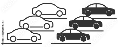 Simple flat car parking icons in black and white, showing various car silhouettes in parking spaces. Car parking icons. Vector car in parking. Parking silhouette icon. Car in parking space.