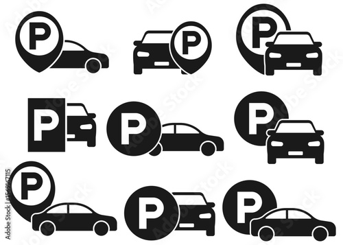 Collection of black car parking icons with pin and P symbol, perfect for maps, navigation, and mobility apps. Group of parking icons featuring cars and P markers, ideal for automotive, urban, and GPS
