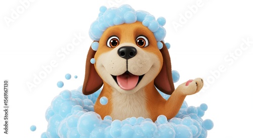 Cartoon dog bathing in bubbles