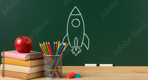 Colorful Pencils, Books, and Apple by Green Chalkboard with Rocket Drawing, Educational Supplies for Students and Teachers - back to school