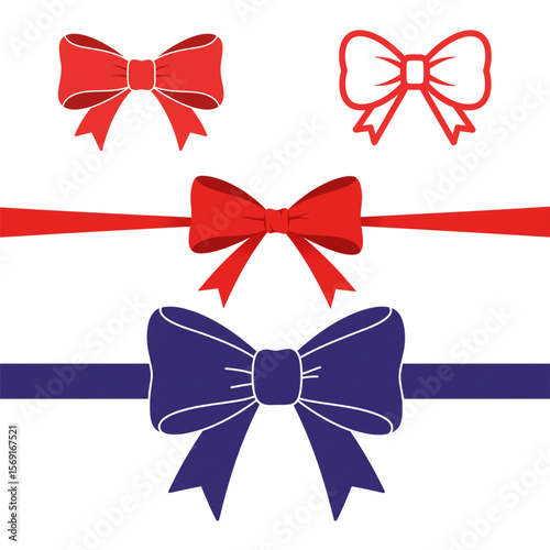 Elegant bows artfully designed in red and blue colors, perfect for holiday ornaments or creating gift wrapping designs.