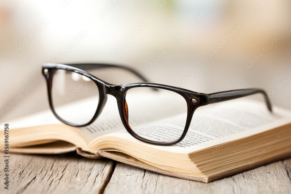Open book with glasses resting on a wooden surface Open book with glasses resting on a wooden surface