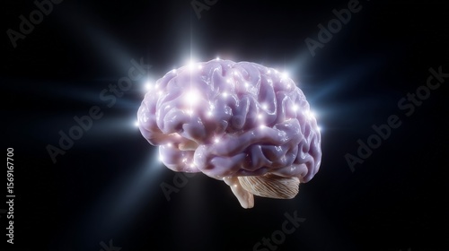 Glowing human brain with luminescent spots on black background