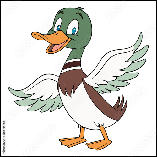 Cheerful cartoon duck with a green head stands smiling with its beak open