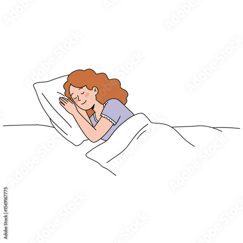 A redhead woman sleeps soundly in bed under a white blanket, dreaming peaceful thoughts, perfect for wellness or relaxation concepts.