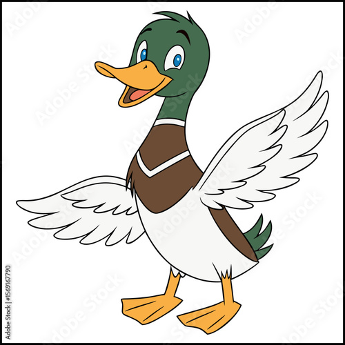 Cheerful cartoon duck with a green head stands smiling with its beak open