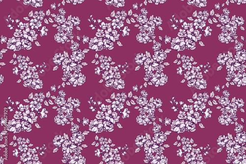 Seamless floral pattern with detailed flower clusters on a burgundy background. Elegant and sophisticated design ideal for fabric, stationery, wallpapers, and fashion projects.