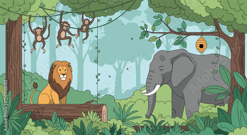 A Vibrant Jungle Scene Featuring Majestic Animals and Playful Primates Amidst Lush Greenery and Tall Trees