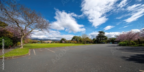 Sunny park parking lot under a partly cloudy sky