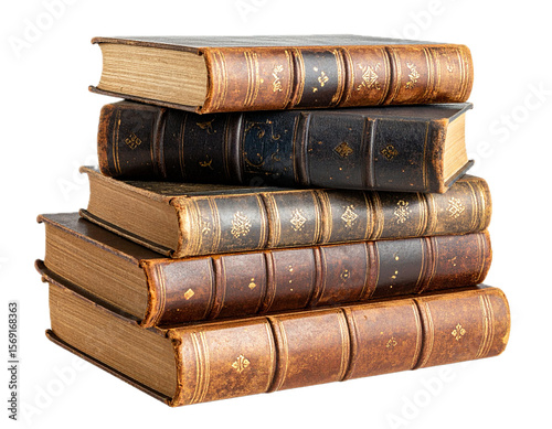 stack of old historical medieval books isolated on white or transparent png
