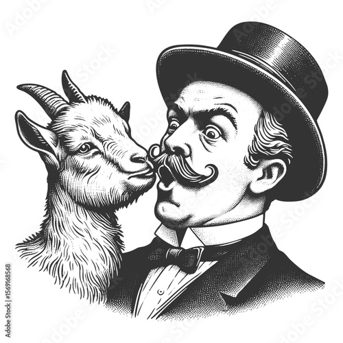 surprised man being kissed on the lips by a goat in vintage style sketch engraving generative ai fictional character vector illustration. Scratch board imitation. Black and white image.