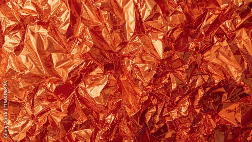 Fototapeta premium Texture of crumpled shiny metallic orange foil, vibrant reflective sur