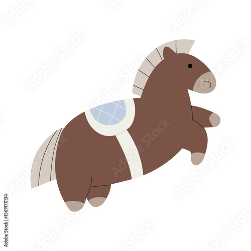 An illustration of a fun brown horse with a blue saddle rearing up.