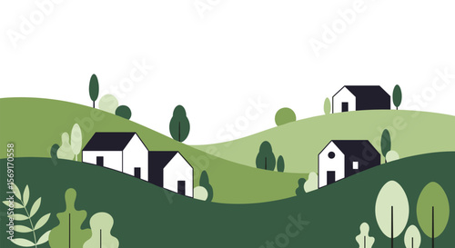 Picturesque rural landscape featuring rolling green hills dotted with charming houses and various trees under a bright sky