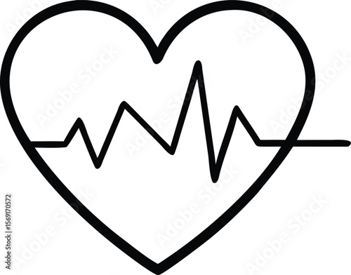 Simple black line drawing of a heart with a cardiogram line inside