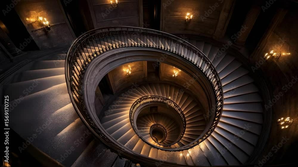 A spiral staircase illuminated by wall sconces, creating a dramatic and elegant architectural feature.